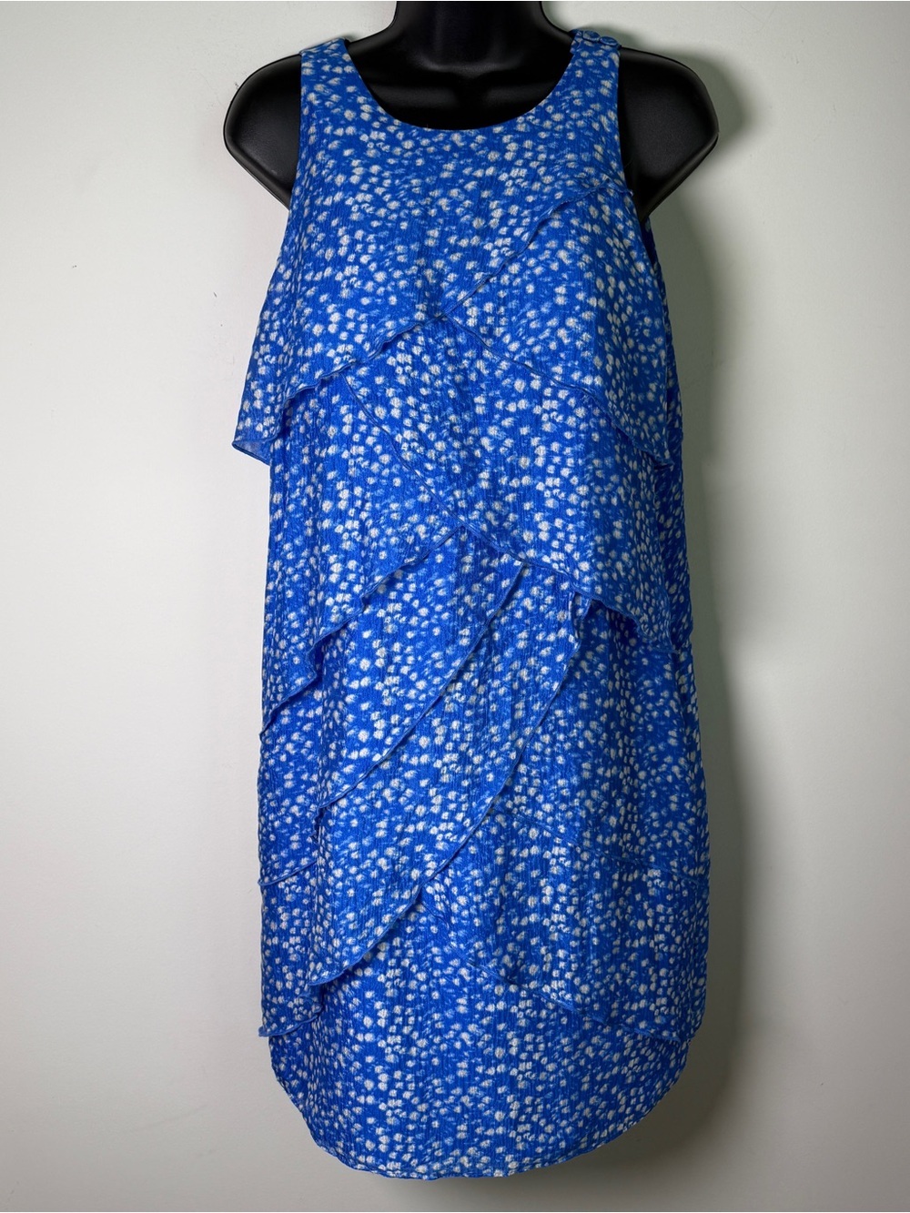 Ann Taylor 100% Silk Tiered Ruffle Dress | Size 8 | Royal Blue Ditzy Print